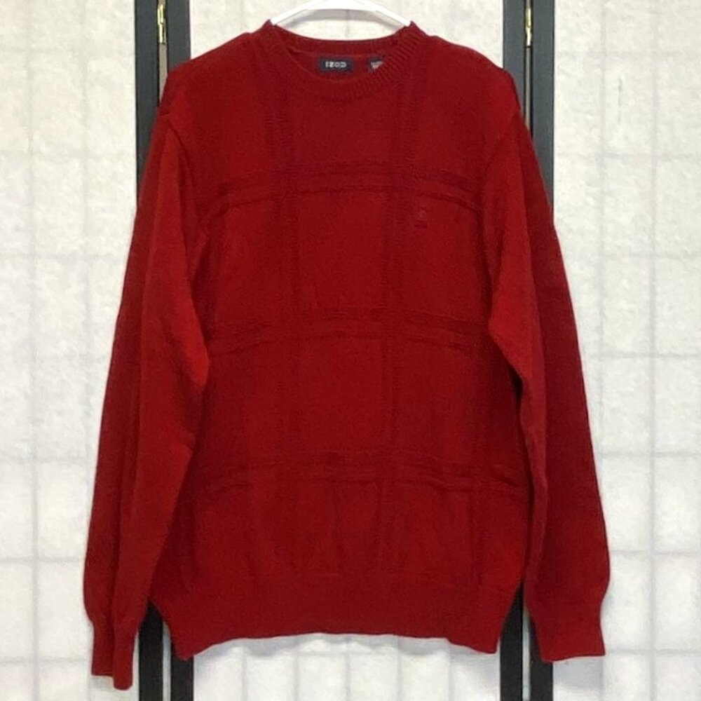 IZOD XL Red Windowpane Cotton Crew Neck Pullover Sweater L Long Sleeve Knit